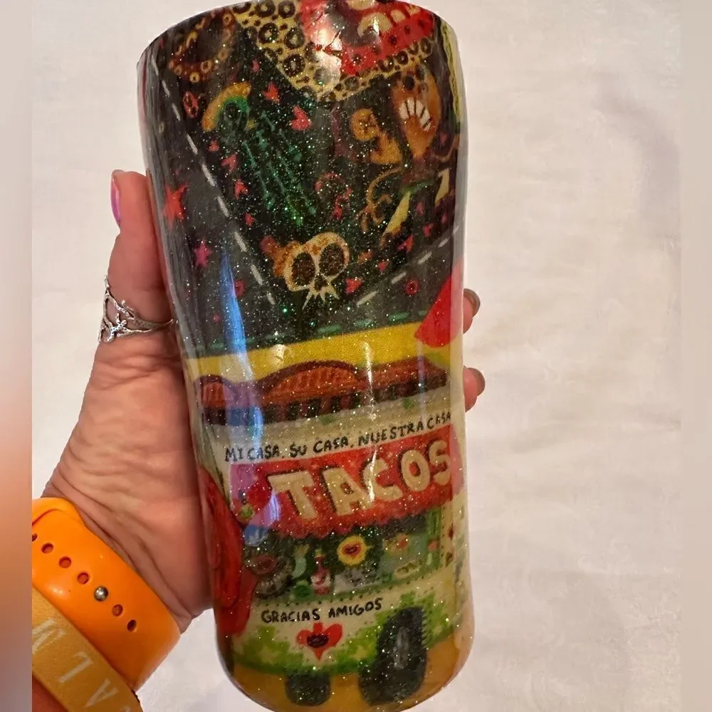 Tumbler Hand Crafted Tacos Sugar Skulls Dia De Los Muertos 20 oz.